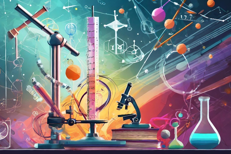 AI generated graphic depicting scientific instruments against a colorful background. Instruments include beakers, a microscope, books, and a graduated cylinder.